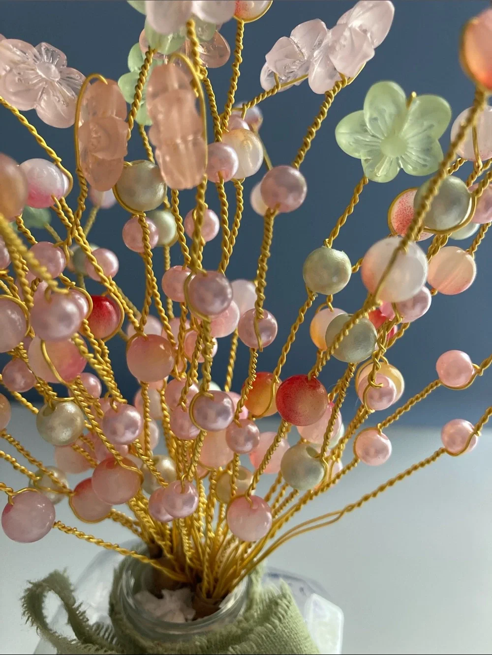 HANDMADE BEADED FLOWER BOUQUET PASTEL MULTICOLOR PEACH GREEN NEW